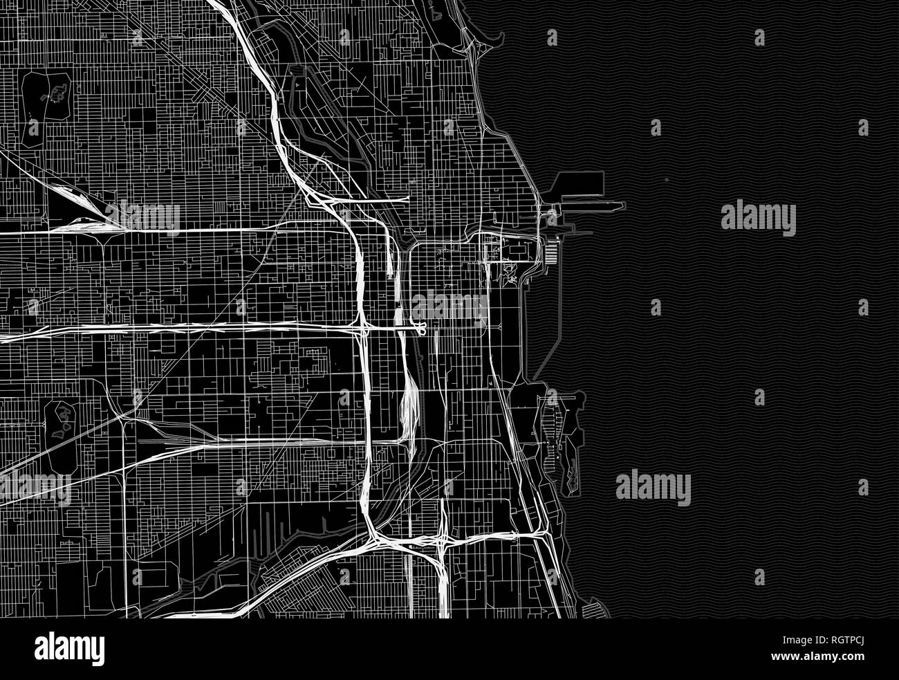 Schwarze Karte von Downtown Chicago, USA Dieser Vektor artmap ist als dekorativer Hintergrund oder eine einmalige Reise Zeichen erstellt. Stock Vektor