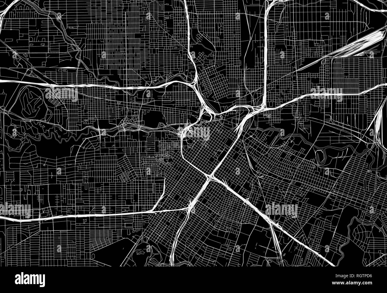 Schwarze Karte von Downtown Houston, USA Dieser Vektor artmap ist als dekorativer Hintergrund oder eine einmalige Reise Zeichen erstellt. Stock Vektor