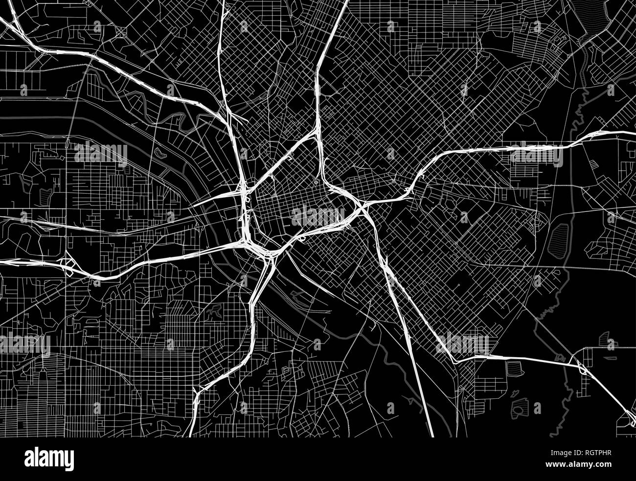 Schwarze Karte von Downtown Dallas, USA Dieser Vektor artmap ist als dekorativer Hintergrund oder eine einmalige Reise Zeichen erstellt. Stock Vektor