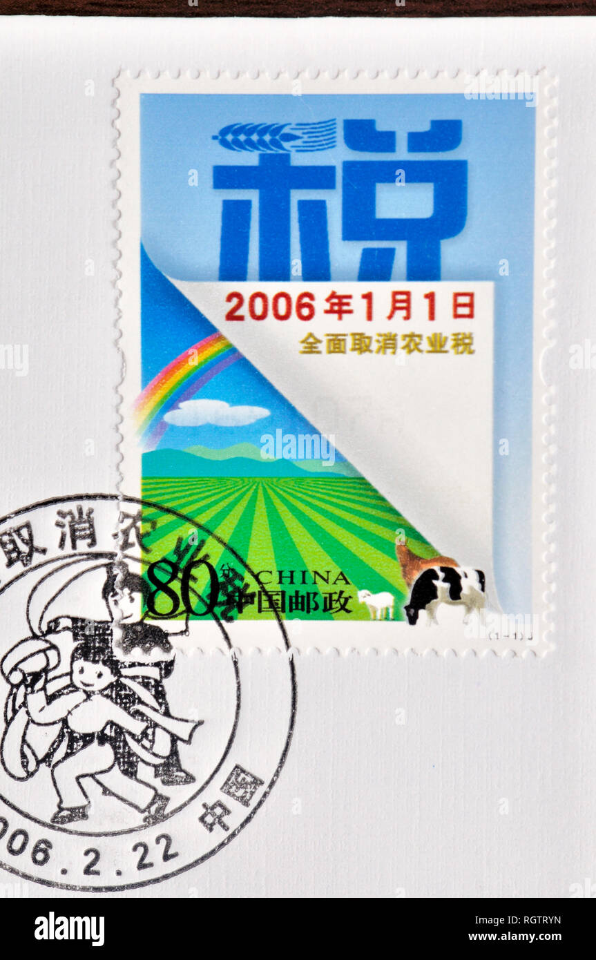 CHINA - ca. 2006: einen Stempel in China gedruckt zeigt 2006-10 Abschaffung der landwirtschaftlichen Steuer, ca. 2006, ca. 2006 Stockfoto