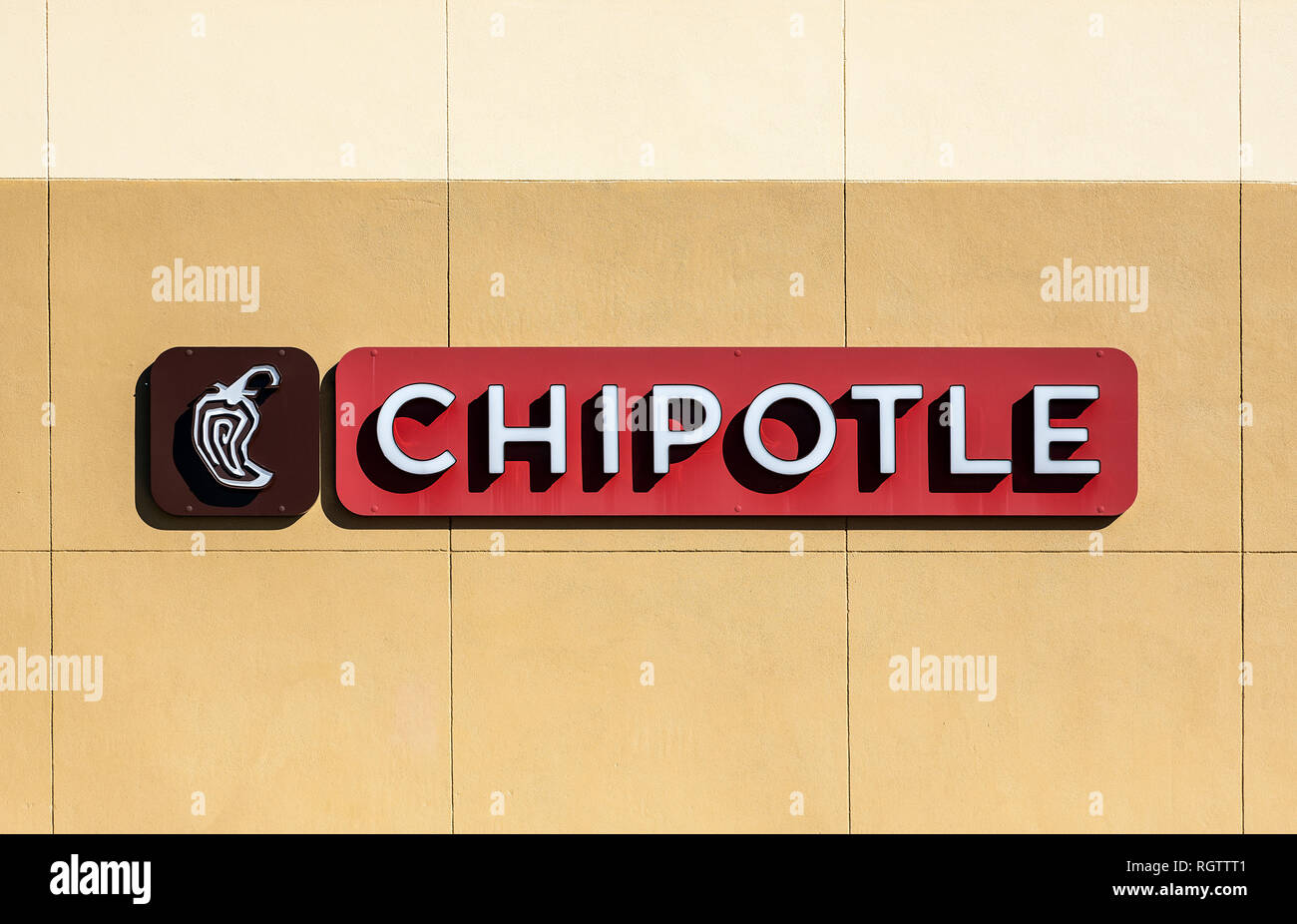 Chipotle Mexican Grill, Logo und unterzeichnen. Stockfoto