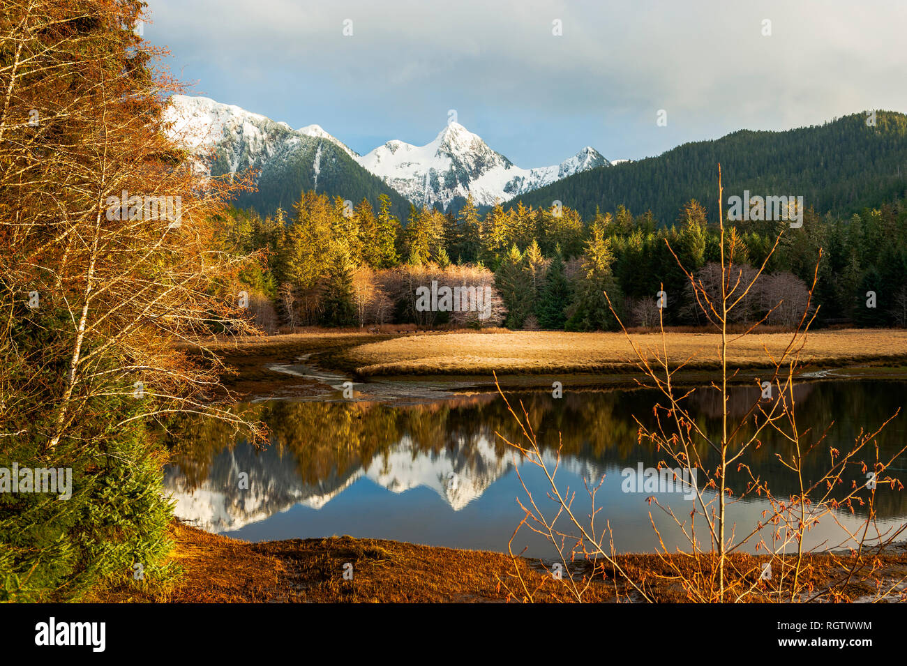 Starrigavan River and Estuary and Harbor Mountain Behind - Tongass National Forest in der Nähe von Sitka, Alaska, USA. Stockfoto