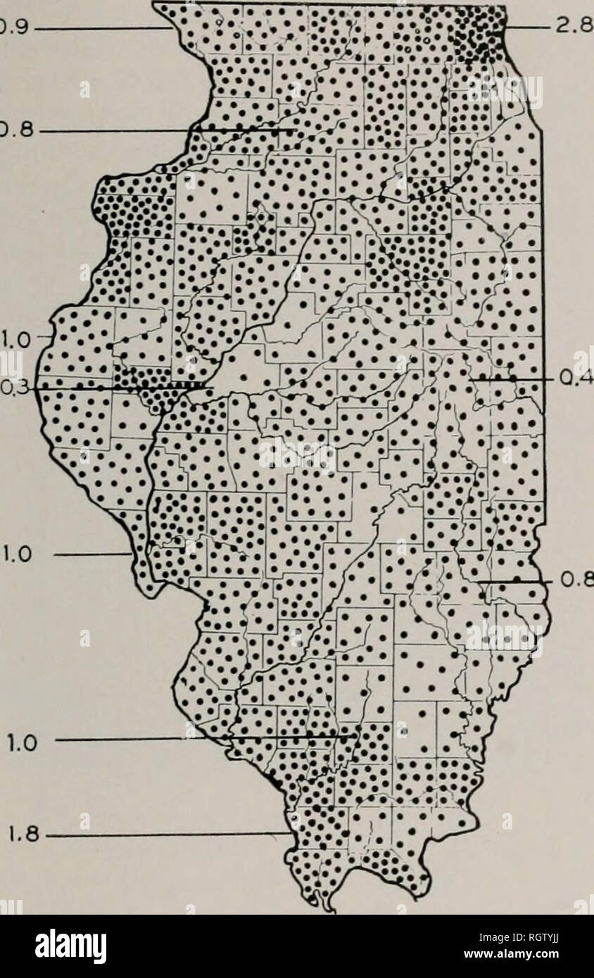 . Bulletin. Natural History; Natural History. September 1943 Mohr: Furbearer Verteilung und Einkommen 515 Zentrum der relativen Knappheit liegt in der süd-östlichen Viertel des Staates. Etwa neun Mal so viele Nerze in Lake County wurden wie in Mason County gefangen sind, in 1938-39 und 1939-40, Accord - 0,9 0,8. 0,8 Abb. 6. - Verteilung der Nerze in Illinois als von fur angegeben - monatliche Einlageninstitute Berichte für die Jahreszeiten von 1929-30, 1930-31 und 1934-35 bis 1939-40. Die Daten für diese acht Jahreszeiten der monatlichen Berichte haben, um die Karte so ein, dass der Landkreis mit der größten durchschnittliche Fangmenge übertragen. Stockfoto