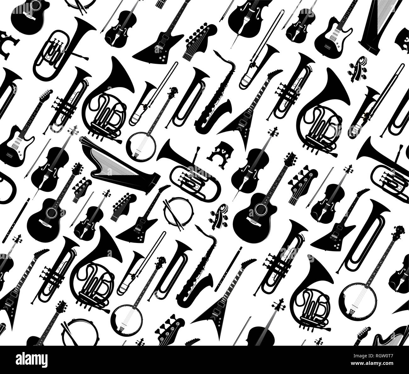 Nahtlose Hintergrund mit Silhouetten von Musikinstrumenten Farbe Schwarz isoliert auf Weiss. Vector Illustration Stock Vektor