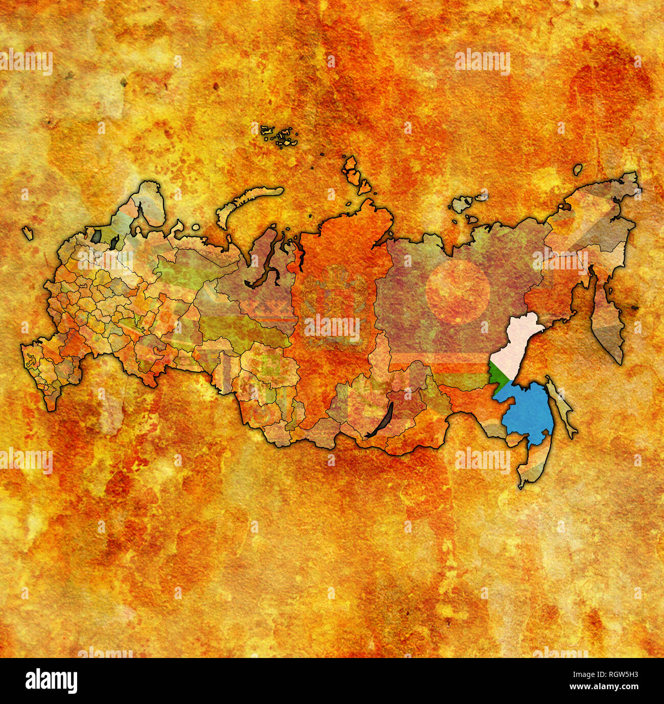 Emblem von Khabarovsk auf Karte mit administrativen Abteilungen und Grenzen Russlands Stockfoto
