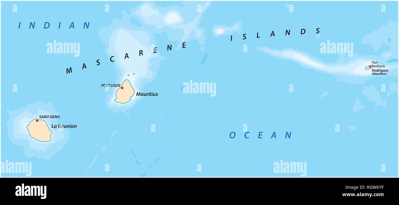 Vektorkarte der Maskarenen Inseln, Mauritius, Reunion, Rodrigues Stock Vektor