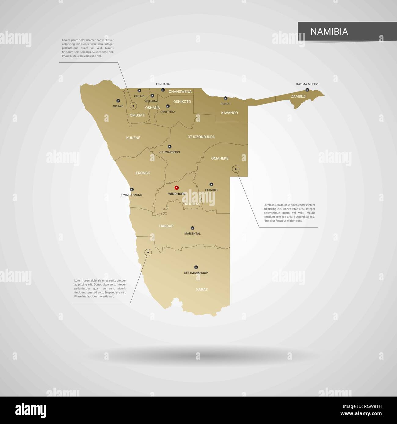 Stylized vector Namibia Karte. Infografik 3d Gold Karte Abbildung mit Städten, Ländergrenzen, Kapital, administrative divisions und Zeiger markiert, Schatten; Stock Vektor