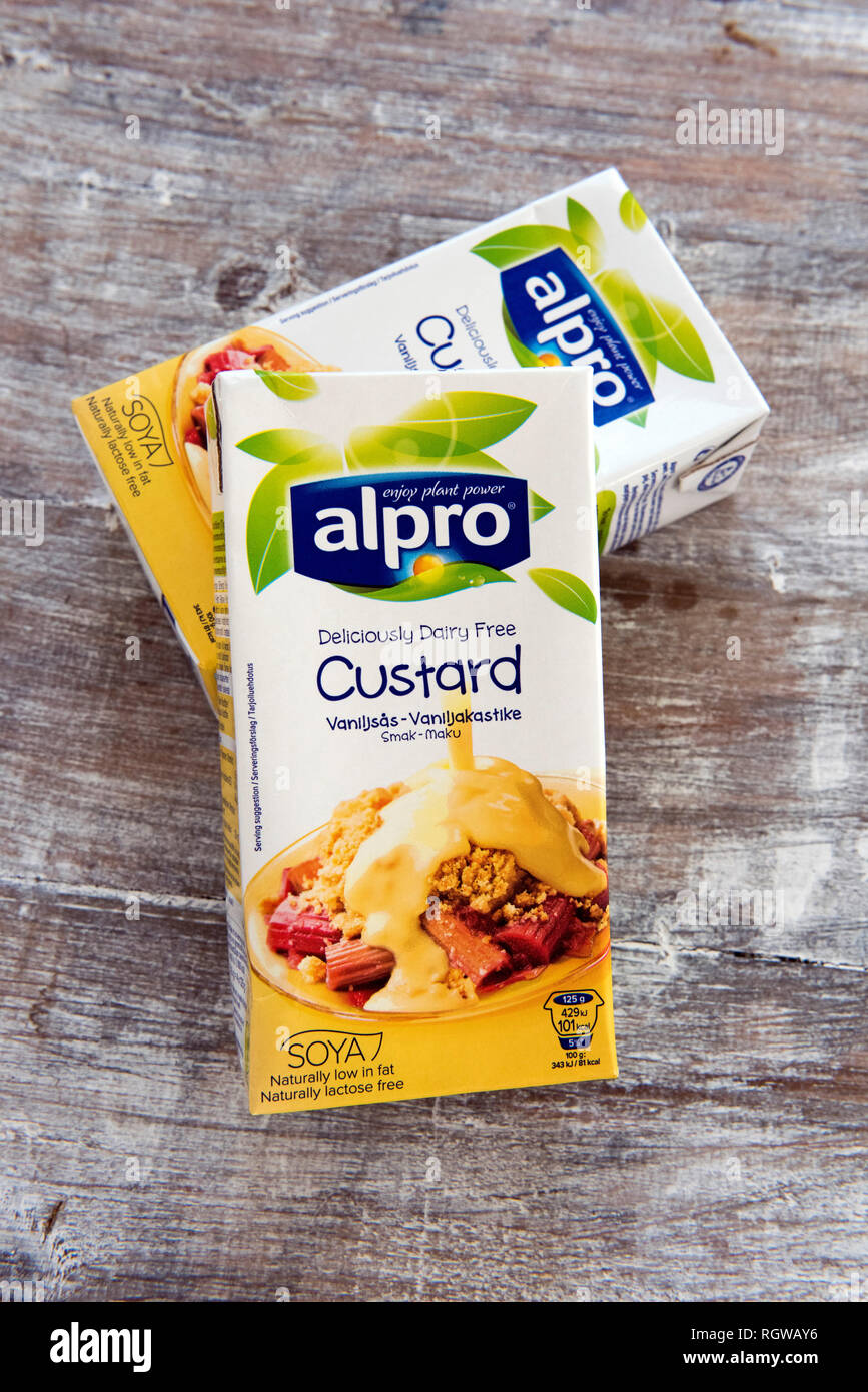 Zwei Kartons von Alpro. vegan, ohne Milchprodukte Vanillepudding auf distressed Holz- Fach. Stockfoto