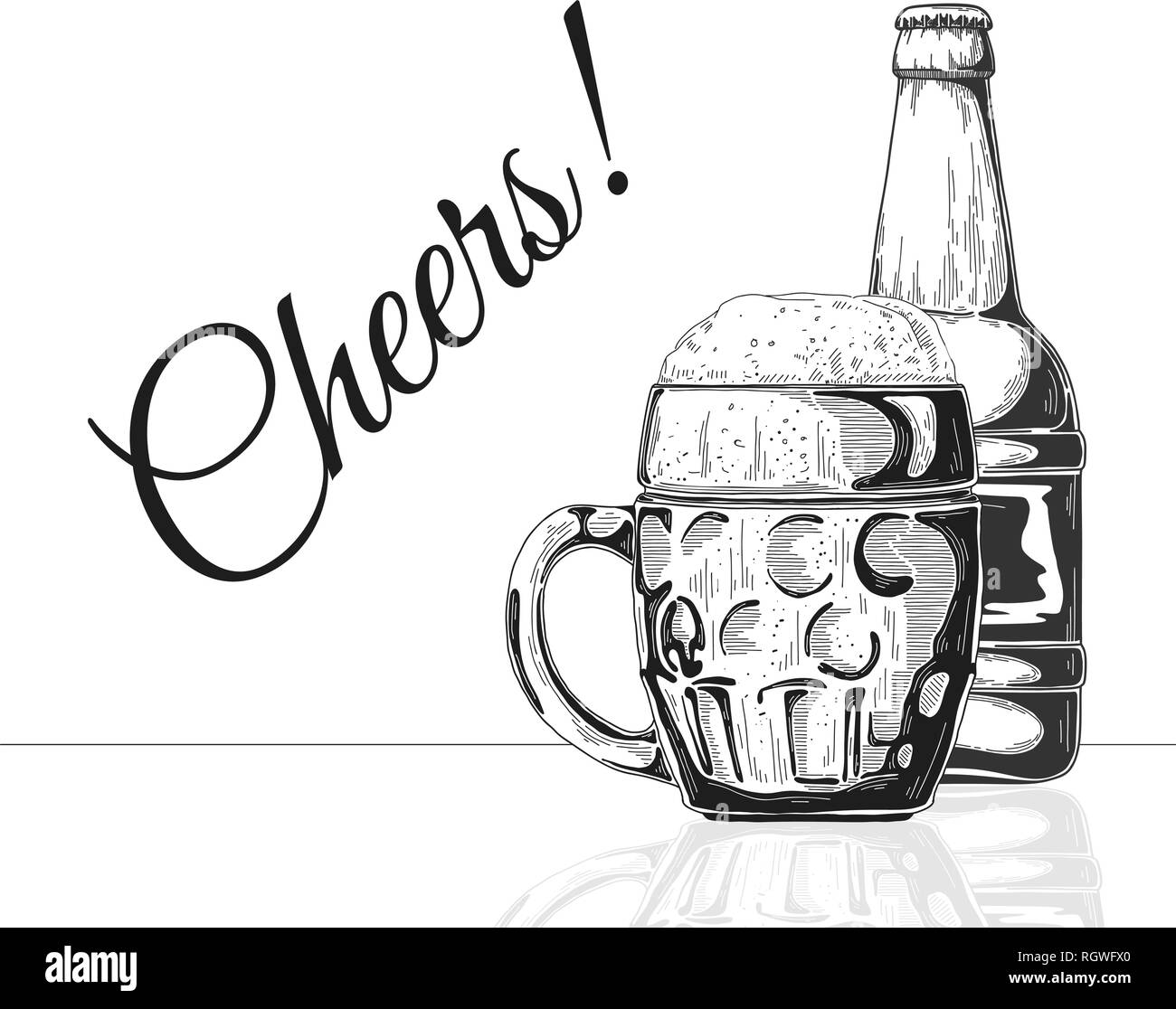 Flasche Bier. Glas mit Bier. Vector Illustration einer Skizze Stil. Stock Vektor