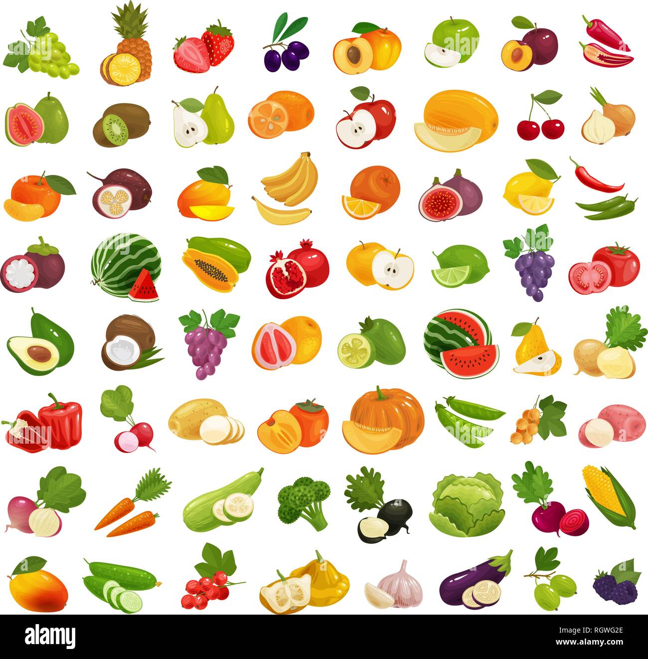 Eingestellt von Obst und Gemüse. Frische Lebensmittel, gesunde Ernährung Konzept. Vector Illustration Stock Vektor