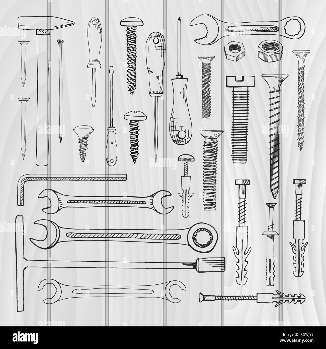 Satz von Tools, Hardware. Verschiedene Links auf weißem Hintergrund. Hand gezeichnet Vector Illustration einer Skizze Stil. Stock Vektor