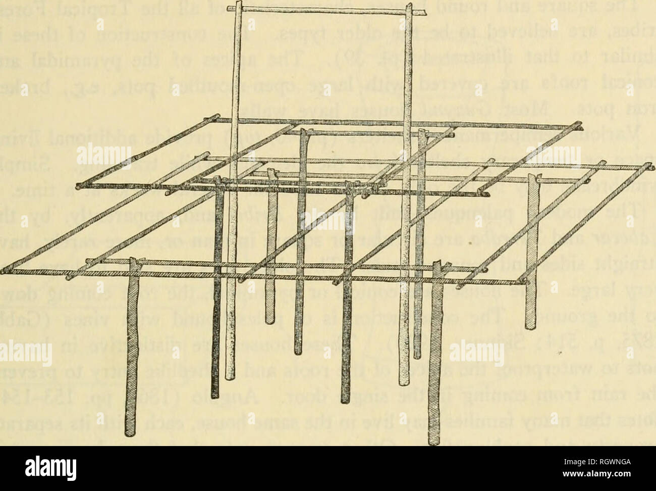 . Bulletin. Ethnologie. Vol. 4] KARIBISCHE TIEFLAND STÄMME - JOHNSON 235 Sie selten repariert werden; stattdessen wird ein neues Haus ist gebaut auf einem unbenutzten Site und die Familie das alte Haus verlässt. Die drei Arten von guaymi Häuser bauen; rechteckig, quadratisch, und rund. Keiner von diesen hat einen speziellen Gebrauch. Die quadratischen und runden Häuser sind häufiger bei den nördlichen Stämmen. Der rechteckige. Abbildung 50.- grundlegenden Rahmen der Südlichen Guaymi Hip-Hop-haus.Haus mit einem Walmdach, wird fast ausschließlich durch die südliche Guaymi gebaut. Der Rahmen ist in der Platte 39, unten illustriert, und die Zahlen 50 und 51. Stockfoto