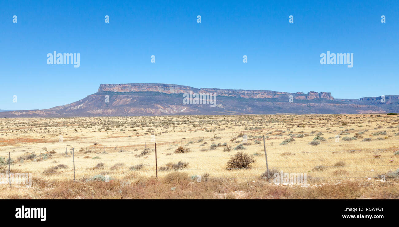 Karoo Landschaft mit flachen überstieg Mesas gebildet, die durch Erosion aus dolerit oder Eisenstein Schichten in semi Wüstenebenen, Karoo, Northern Cape, South Afric Stockfoto