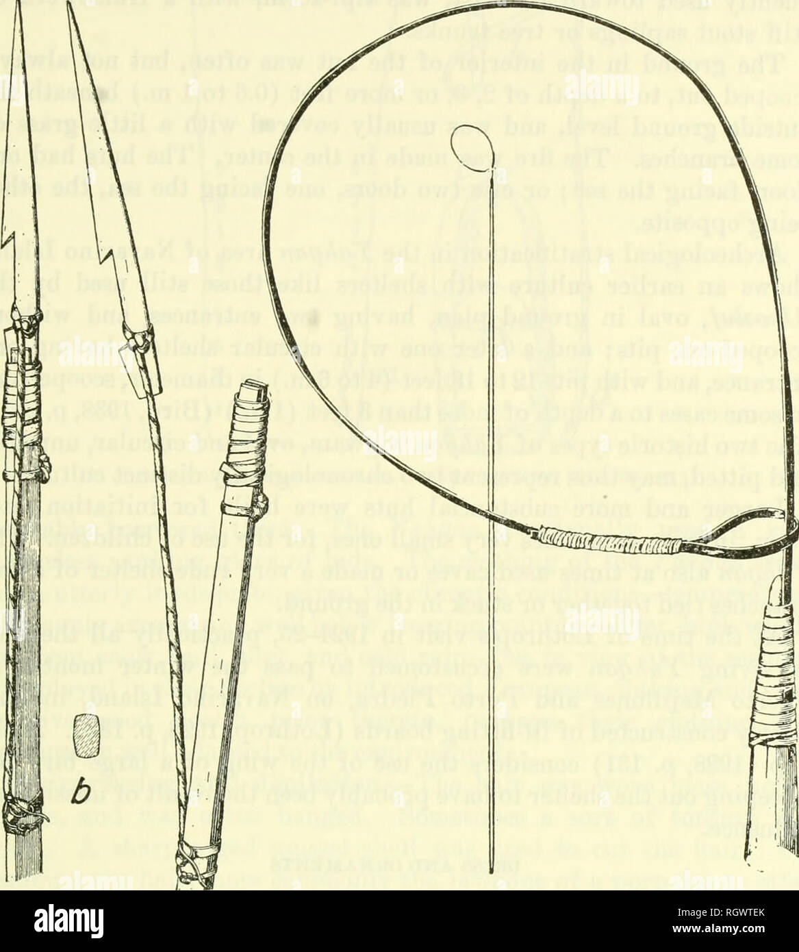 . Bulletin. Ethnologie. Vol. 1] Die YAHGAN-COOPER 85. Abbildung 11.- yahgan Harpune und Pole Snare, ein. Harpune zusammengestellt, die für das Gießen; 6, Querschnitt der Harpune Welle; c Lage beim Ziehen durch Wasser (Länge der Harpune Kopf 10 oder 25,5 cm.); d, zwei Ansichten des Bird Snare (Durchmesser des Loop6 i/^. oder 16,5 cm.). (Nach Lothrop, 1928, flgs. 82, 87.) gg-Bereichen. Neben der Initiierung und andere soziale oder religiöse Funktionen, die größere Zahlen zusammen, die vorübergehend in einem gemeinsamen Camp gebracht, jedes biologische Familie oder eine kleine Gruppe von zwei oder drei Familien tendenziell Camp abgesehen, mehr frequ Stockfoto