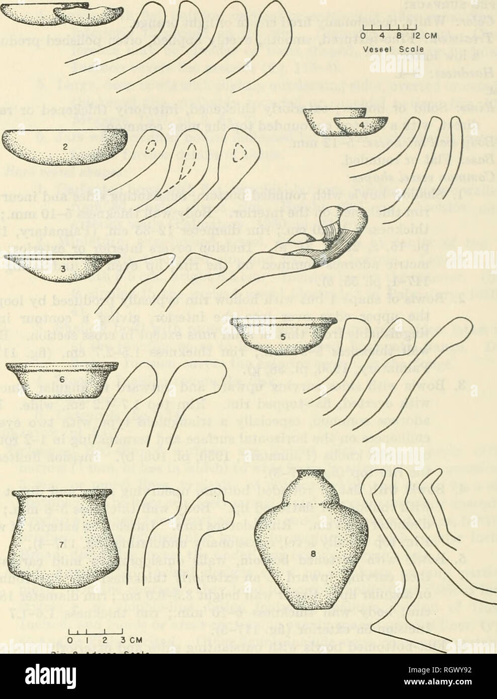 . Bulletin. Ethnologie. 334 BÜRO DER AMERIKANISCHEN ETHNOLOGIE [Stier. 167. Rim ein Adorno Dichtung Abbildung 117.-Rim-Profile und Schiff Formen von Anajds Weiß eingeschnitten, Marajoara Phase. Seltene Schiff Formen: 1. Gläser mit zwei Bauchigen Hals mit einem horizontalen Schlaufe verbunden. Ein Hals ist verdeckt, das andere hat einen schmalen Mund (Palmatary, 1950, Pi. 28, m). Schnitt bezieht sich auf die äußeren. 2. Kleinen, flachen Schüsseln mit gerundeten Körper und direkte Rim, oberster Ebene oder gewellte. Durchmesser 9cm. 3. Flache Schalen mit carinated Profil, Wände können nahezu vertikale oder werden häufig auch als, Rim direkt oder verdickt. Schnitt auf Stockfoto