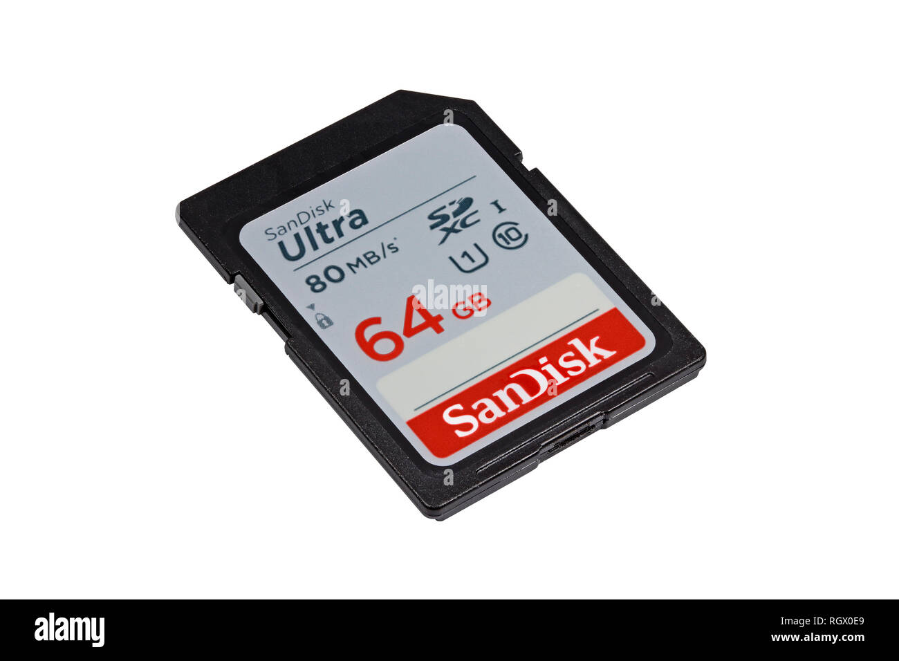 SanDisk Ultra 64 GB SDXC-Speicherkarte isoliert auf weißem Hintergrund Stockfoto