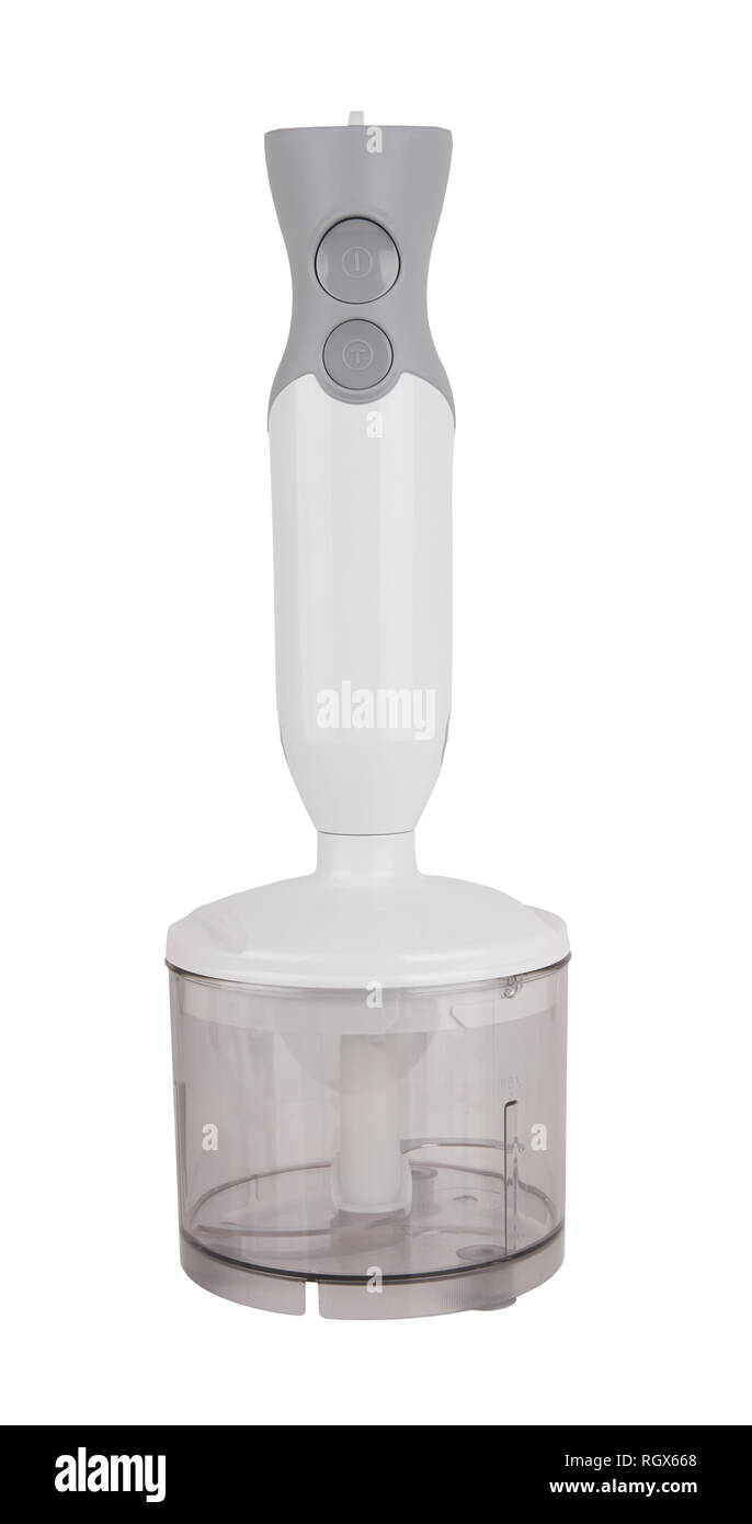 Elektrischer Stabmixer auf weißem Hintergrund Stockfoto