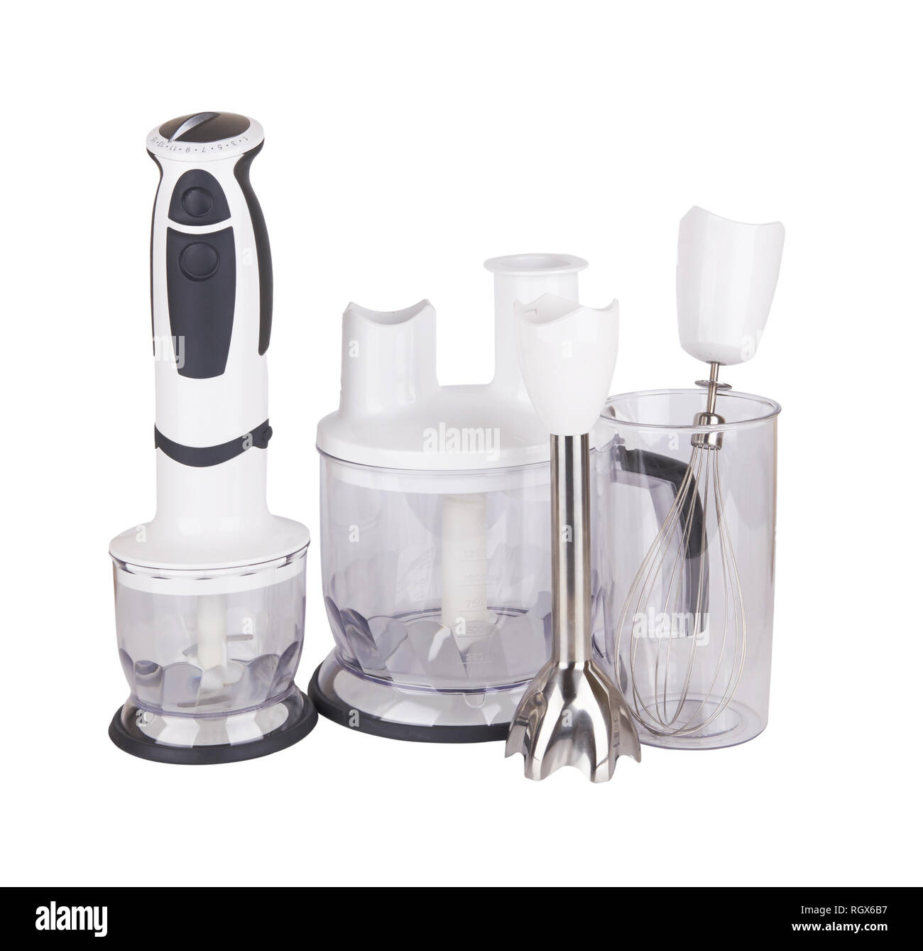 Elektrischer Stabmixer auf weißem Hintergrund Stockfoto