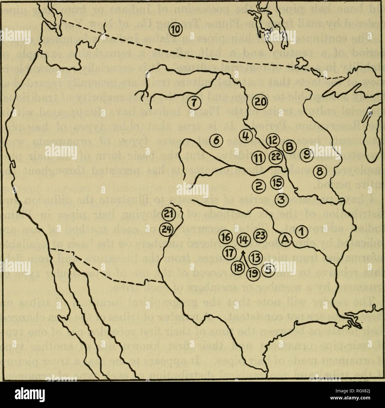 . Bulletin. Ethnologie. 76 PRÄSIDIUM DER AMERIKANISCHEN ETHNOLOGIE [Bull. 164. Karte 1. - Verteilung von Haar-pipe Ohr Anhänger. Westlichen Stämme: 1, Osage (1806); 2, Pawnee (vor 1811); 3, Kansa (1821-5); 4, Arlkara (vor 1832), 5, Wi-chita (1834); 6, Teton Dakota (1837); 7, Crow (1837); 8, Sauk und Fox (1837); 9, Iowa (1845-6); 10, Plains Cree (1847); 11, Ponca (1869); 12, Yankton (1867); 13, Kichai (1868); 14, Kiowa (1868); 15, Oto (1869); 16, Kiowa Apache (1868-72); 17, Comanche (1872); 18, Tawaconie (1872); 19, Waco (1872); 20, Yanktonai (1872); 21, Jicarilla Apache (1877); 22, Omaha, (1898), 23, t Stockfoto