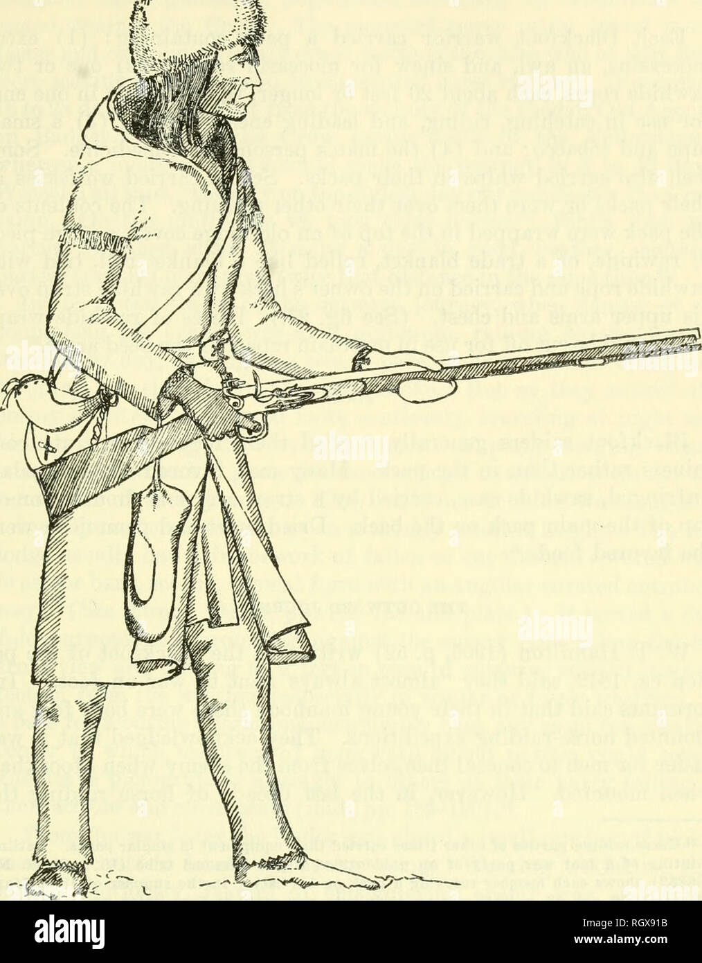 . Bulletin. Ethnologie. EwersJ das Pferd in Blackfoot indische Kultur 183^'-â¢â" â"^^. Abbildung 28. âBlackfoot Pferd Raider im Winter Dress. Waffen Mitglieder der Pferd - es entstand keine Schilde, Lanzen, Krieg oder Clubs. Die Waffen wurden boAvs und Pfeile, Gewehren und Messern. Die Messer, die in der Taille in rawhide Hüllen, scharf waren und schwere - genug, um Brennholz und Holz für Notunterkünfte zu schneiden. Sie dienten als Achsen sowie Messer, in der Häutung und Schneiden von Tieren für Lebensmittel nützlich, schneiden Lose bestreikten Pferde aus dem feindlichen Lager, und als Waffen für Hand-auf-Hand zu kämpfen, falls erforderlich Stockfoto