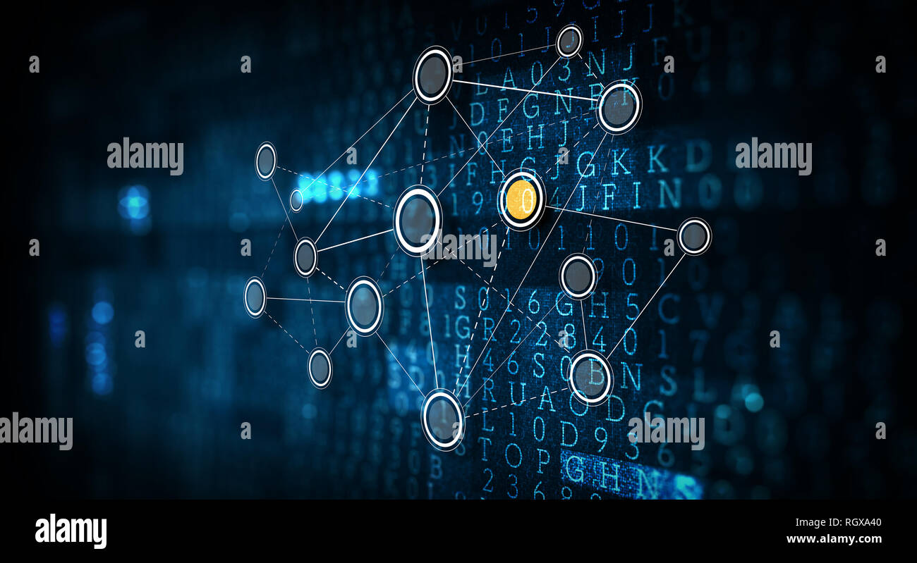 Konzept der sozialen Verbindung mit Net auf dunklem Hintergrund. 3D-Rendering Stockfoto