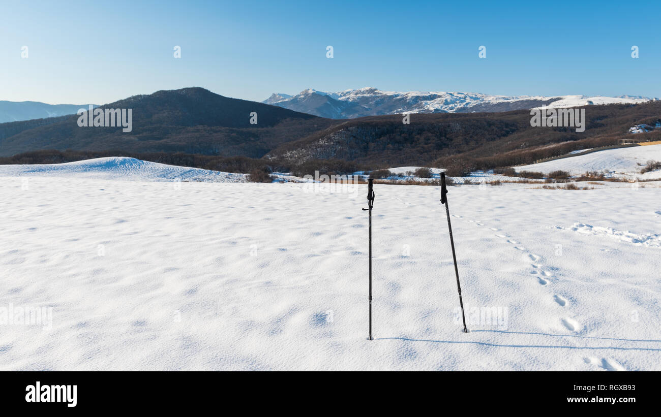 Skistöcke auf einem schneebedeckten Feld Stockfoto