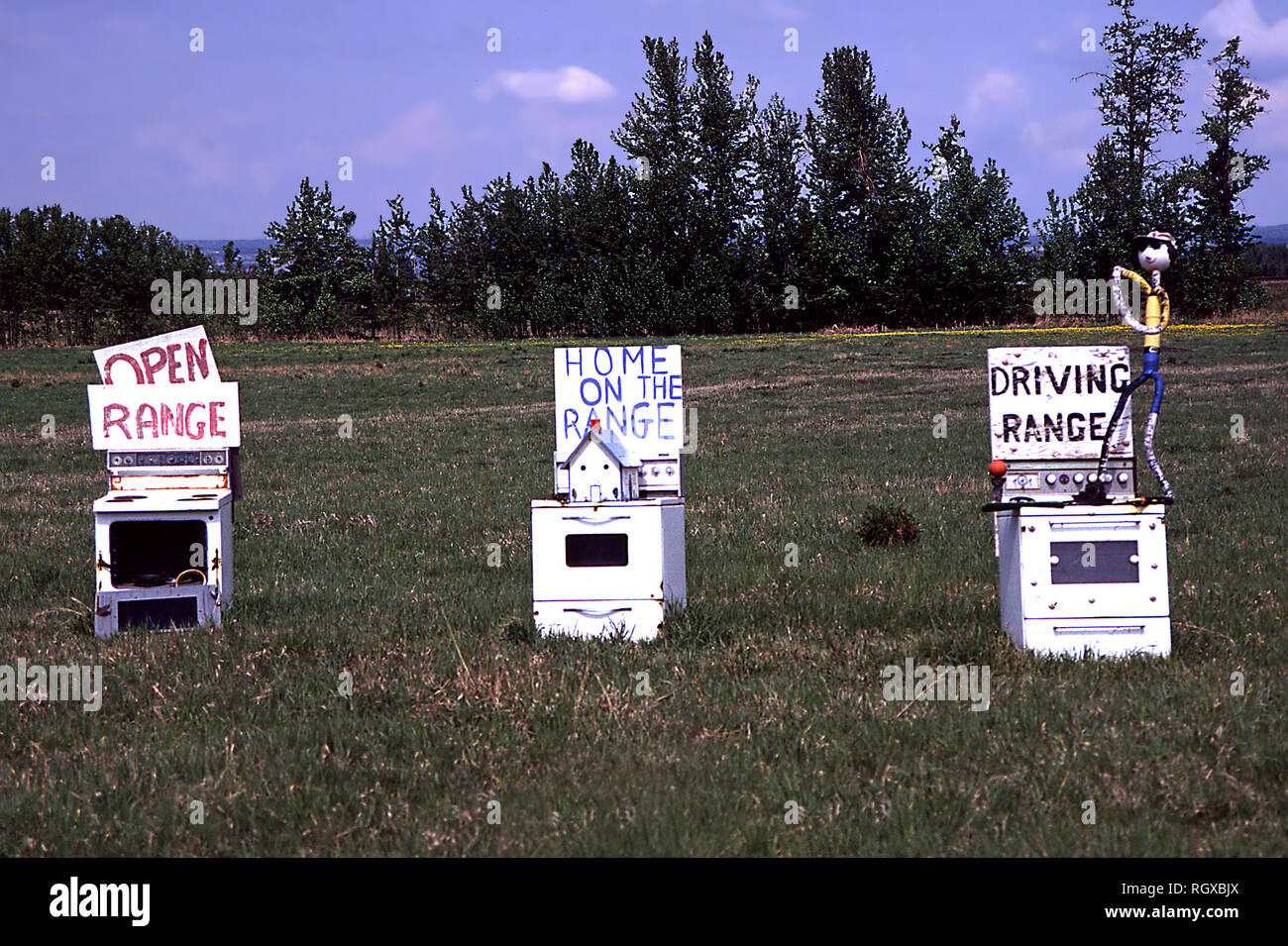 Humorvoll Schildern auf Öfen, Alberta, Kanada Stockfoto