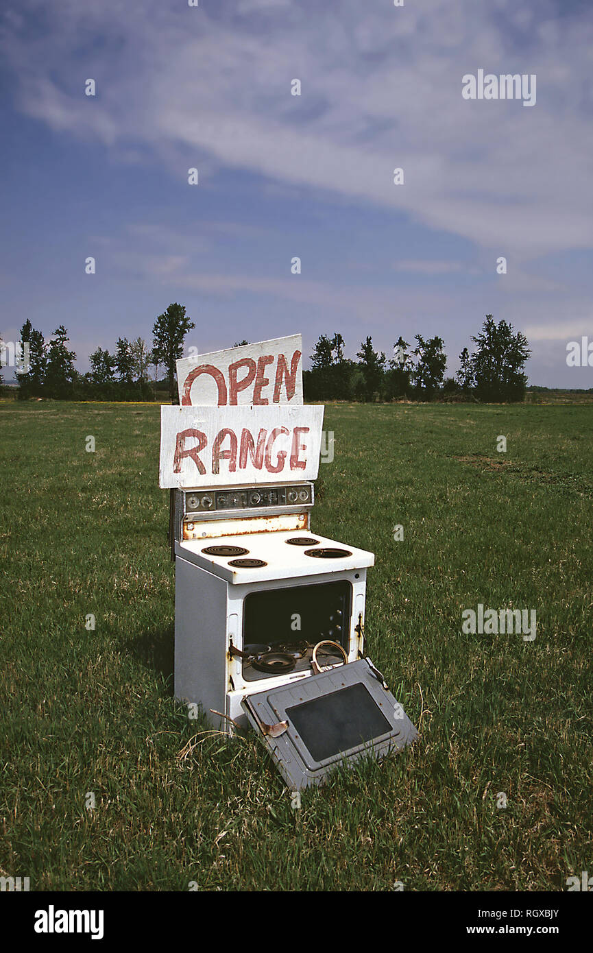 Humorvoll Schildern auf Öfen, Alberta, Kanada Stockfoto