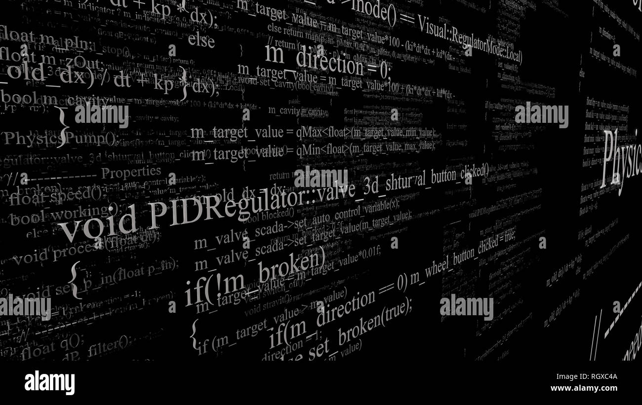 Software Source Code. Schichten von Programmcode auf schwarzem Hintergrund Stockfoto