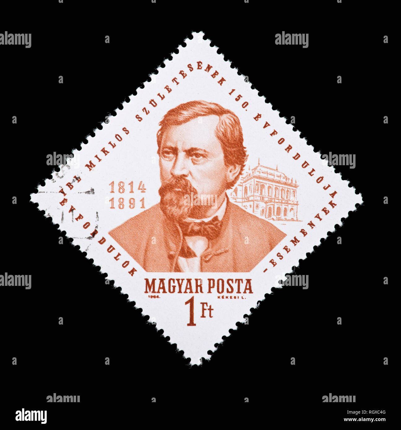 Briefmarke aus Ungarn, Mikos Ybl und der Budapester Oper. Stockfoto