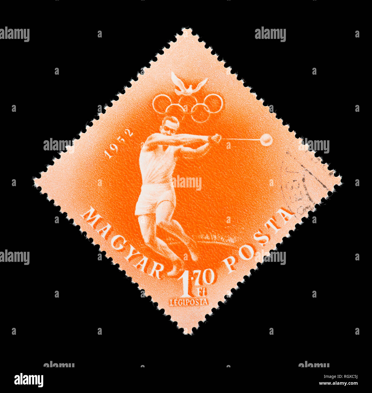 Briefmarke aus Ungarn, die die Hammer Throw, die Olympischen Spiele 1952 in Helsinki zu markieren Stockfoto