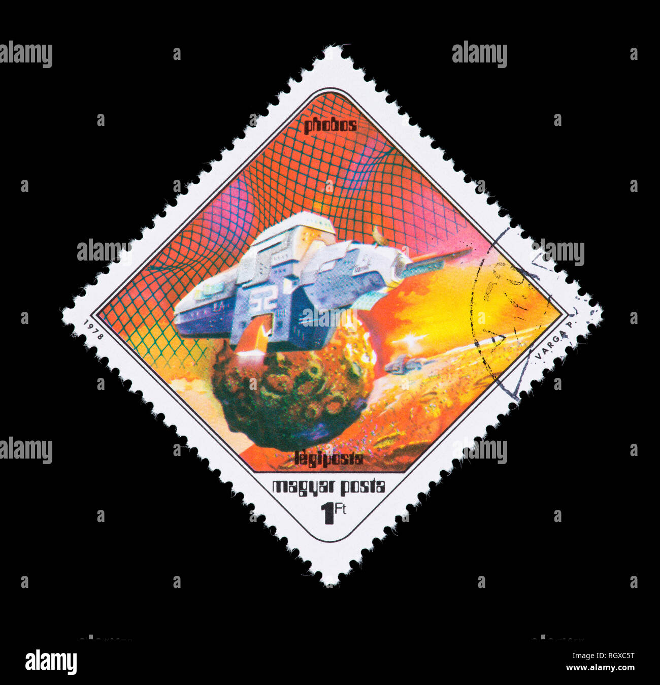 Briefmarke aus Ungarn, die die Pal Varga science fiction Malerei Raumschiff in der Nähe von Phobos. Stockfoto