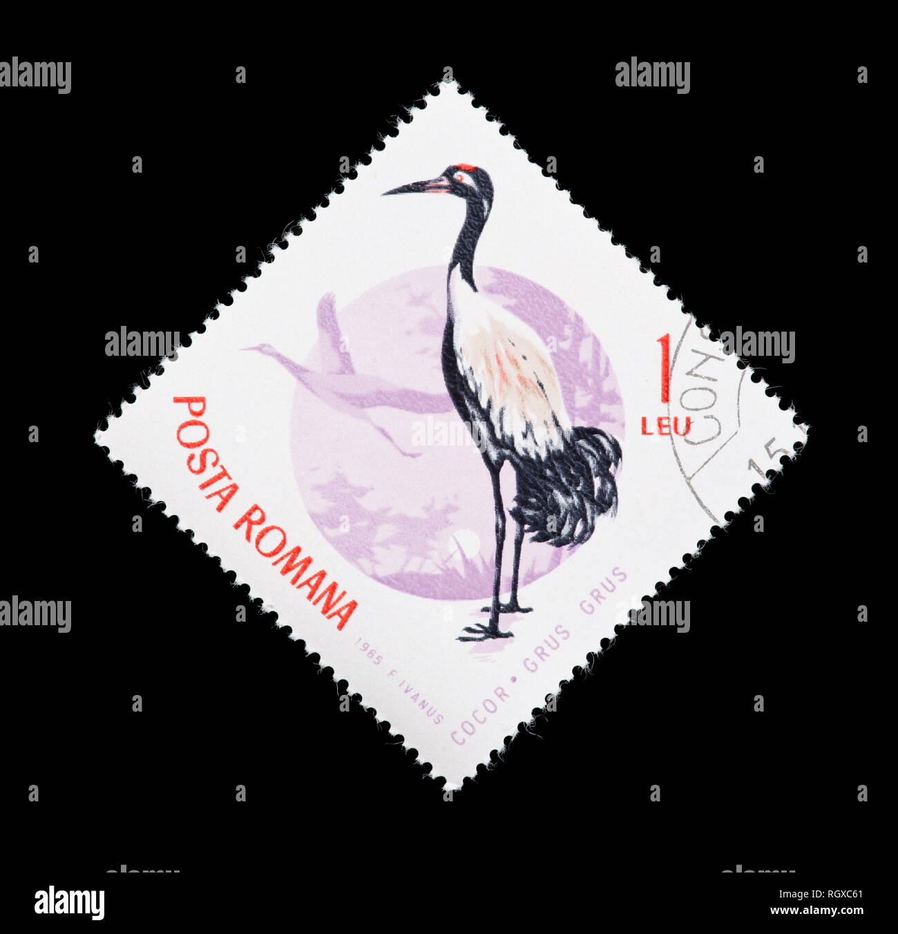 Briefmarke aus Rumänien, die einen Kranich (Grus Grus) Stockfoto