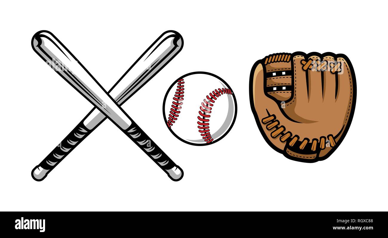 Sammlung von baseball Ausrüstung Illustrationen enthält Bat, Handschuhe und Ball. Stock Vektor
