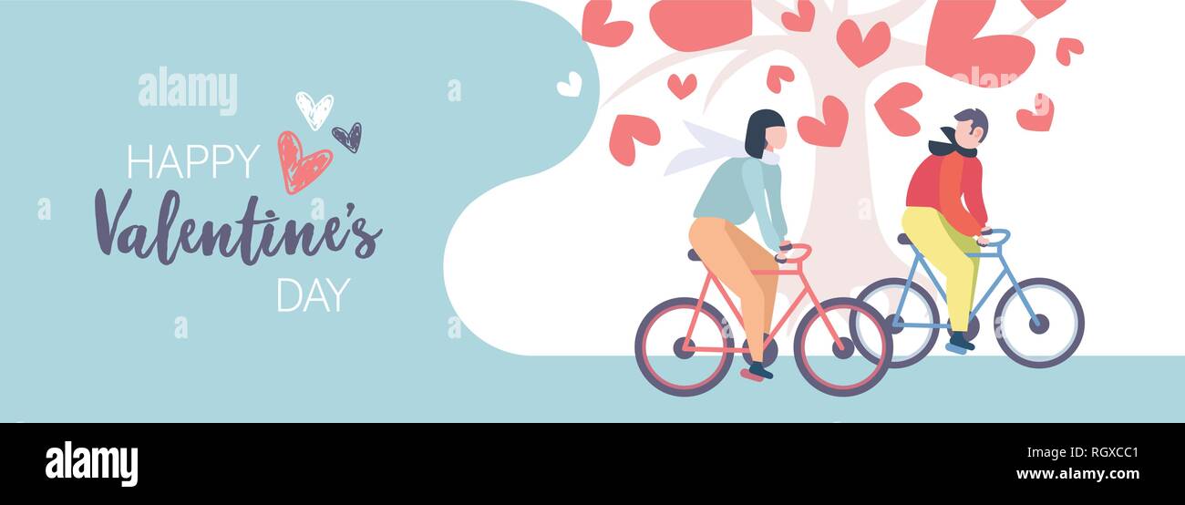 Paar Reiten Fahrrad happy valentines Tag Konzept Mann Frau Radfahren Motorräder unter Liebe Baum mit Blättern rotes Herz formen Grußkarte horizontal Stock Vektor
