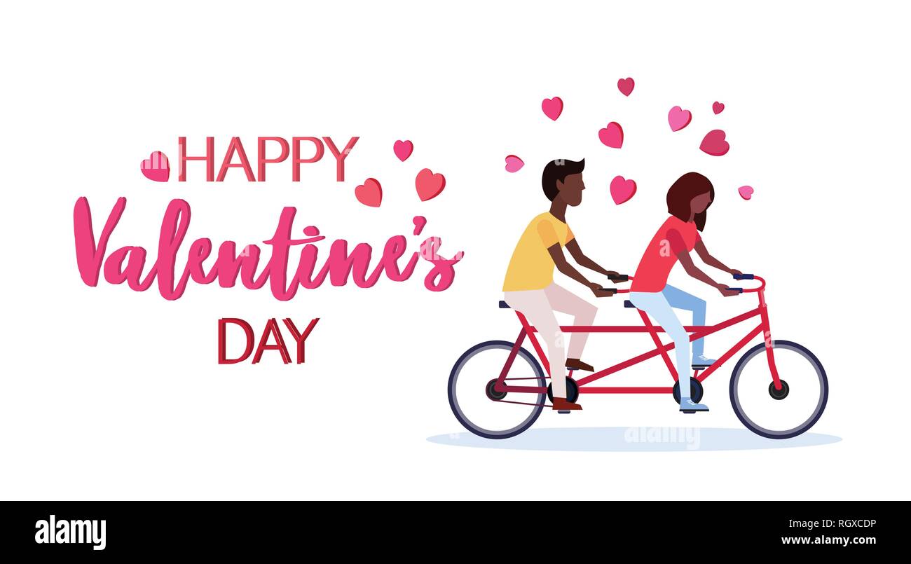 Verliebtes paar Reiten tandem Fahrrad happy valentines Tag Konzept afrikanische amerikanische Mann Frau Liebhaber Radfahren/Mountainbike Grußkarte isoliert Stock Vektor