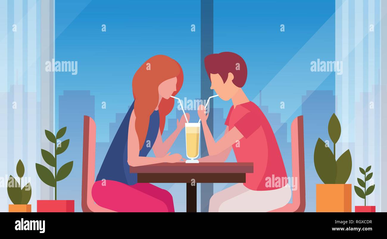 Paar Kaffee trinken durch Stroh zusammen happy valentines Tag Konzept Mann Frau in Liebe romantisch-modernen Restaurant innere horizontale Stock Vektor