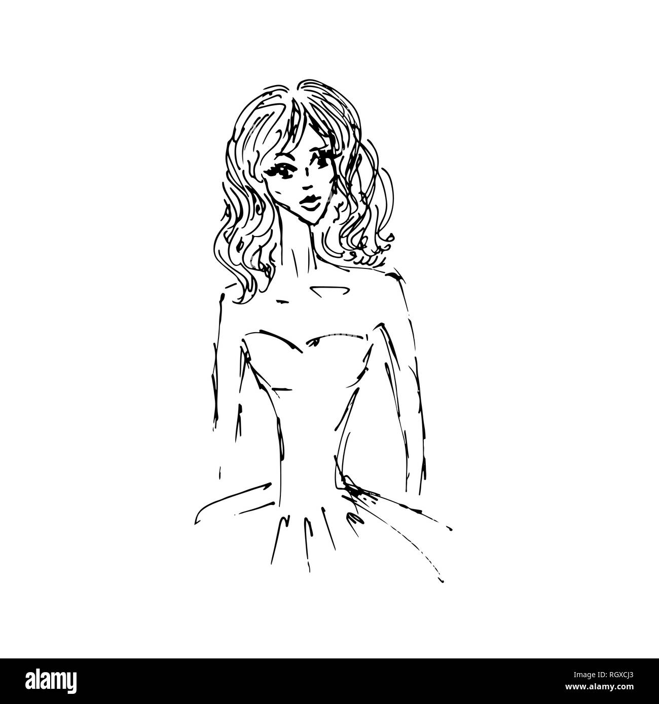 Hand gezeichnete Skizze eines Mädchens in Cocktail Kleid. Vector Illustration. Stock Vektor