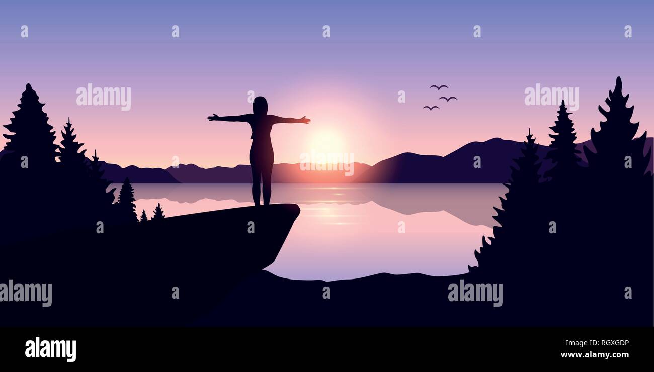 Glückliches Mädchen mit Waffen bei Sonnenaufgang am See Vector Illustration EPS 10 angehoben Stock Vektor