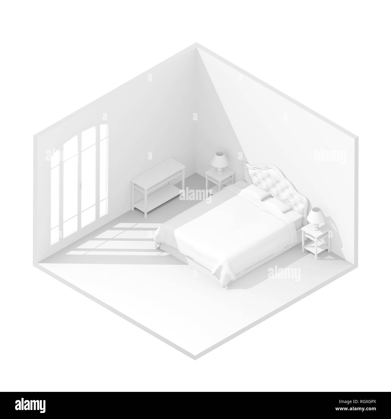 3d-isometrische Darstellung Abbildung: Weiße eingerichtete Schlafzimmer mit Queen Bett Stockfoto
