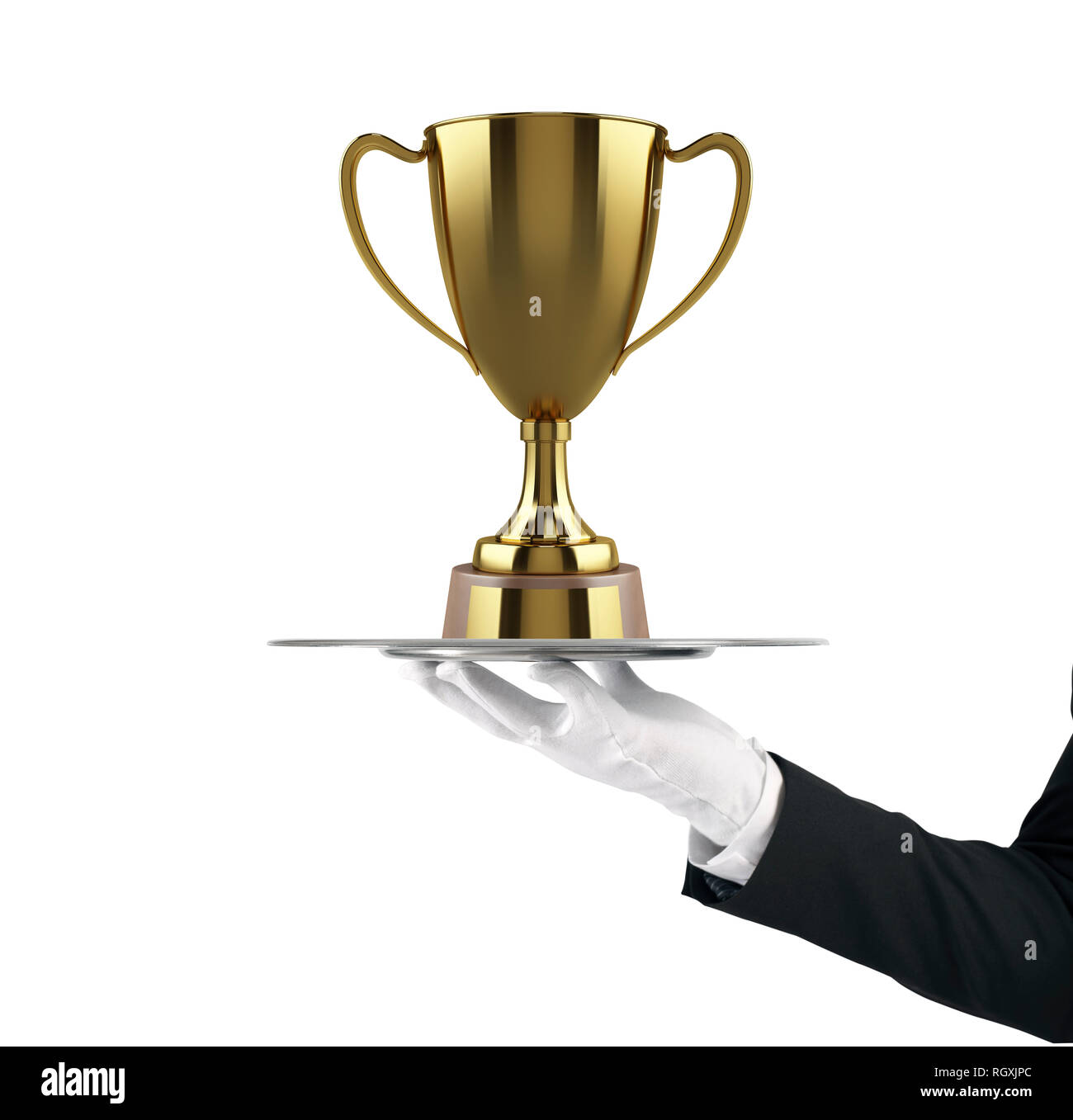 Kellner mit einem Tablett mit Fußball Golden Cup. Konzept der erstklassigen Service auf Fußball Stockfoto