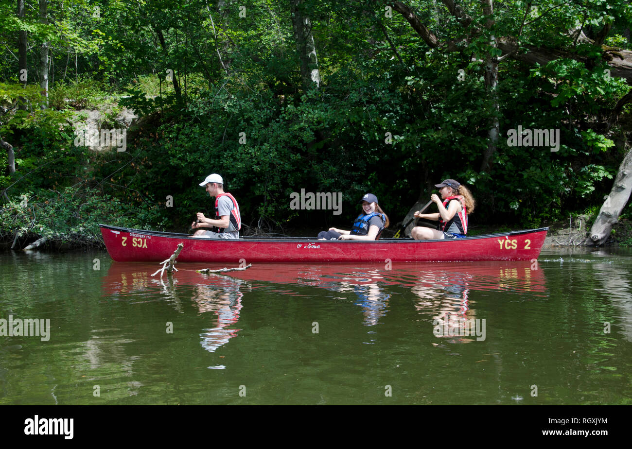 Drei junge Erwachsene in Familie Paddeln in einem Kanu auf dem königlichen Fluss in Yarmouth, Maine, Sommer, USA Stockfoto