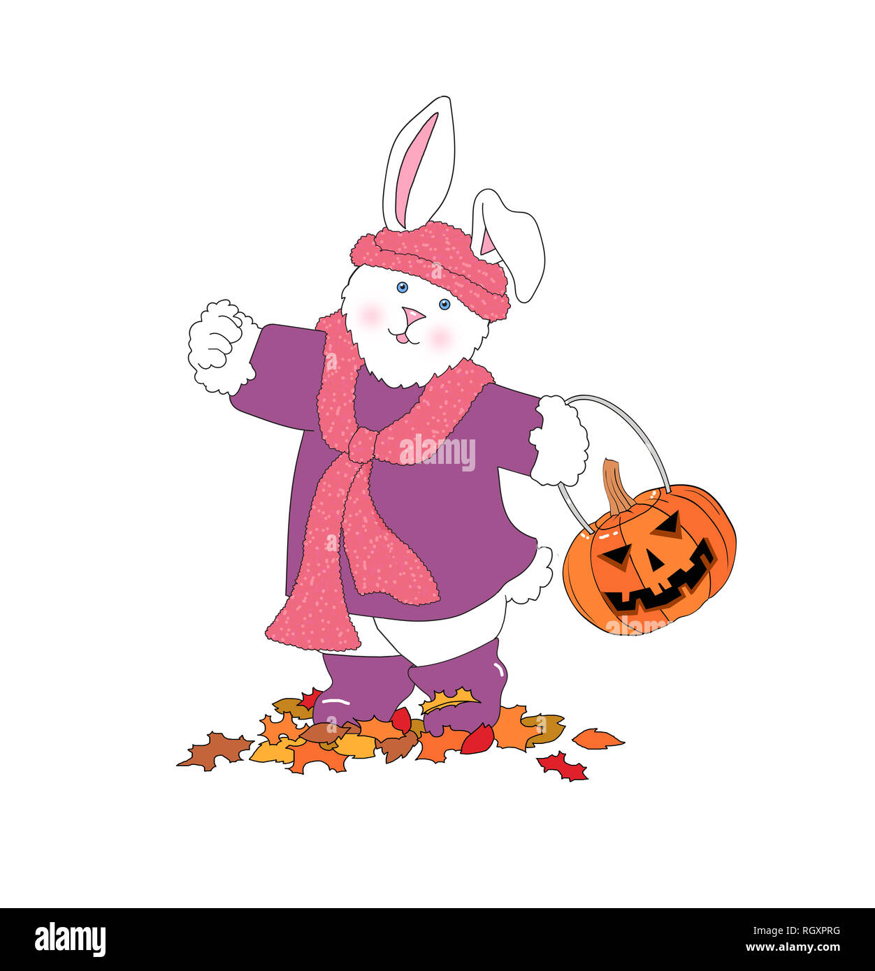 Abbildung: cute White Bunny rabbit Tragen von Kleidung und halten einen Jack-o-Lantern auf weißem Hintergrund Stockfoto