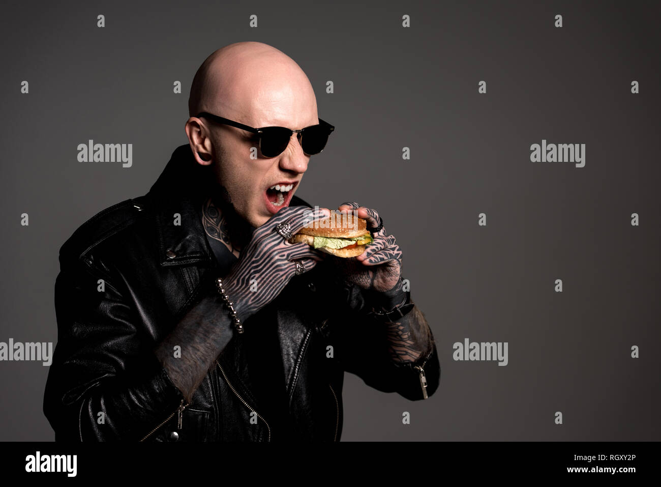 Kahlen tätowierten Mann in der Lederjacke und Sonnenbrille essen Burger isoliert auf Grau Stockfoto