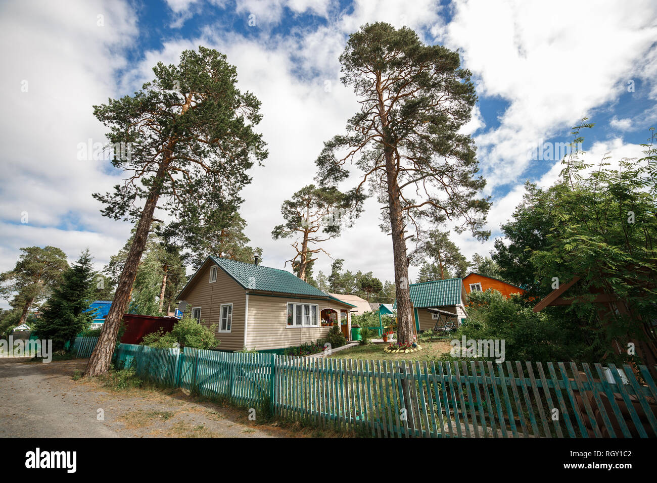 Gemütliche Häuser in Pinien Wald. Gemütliche Häuser in Pinien Wald. Sommer land Immo. Stockfoto