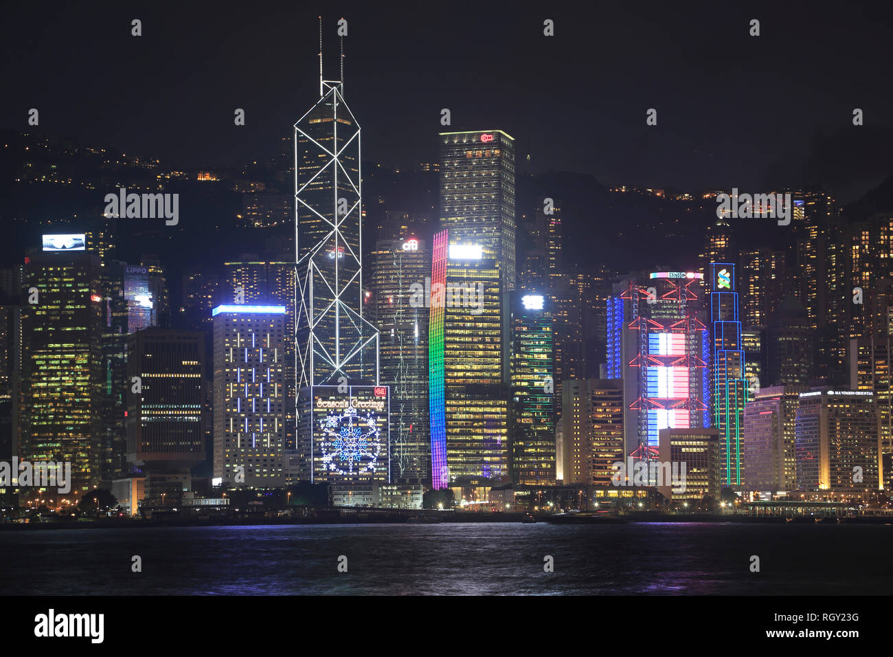 Skyline, Victoria Hafen bei Nacht, Hong Kong Island, Hong Kong, China Asien Stockfoto