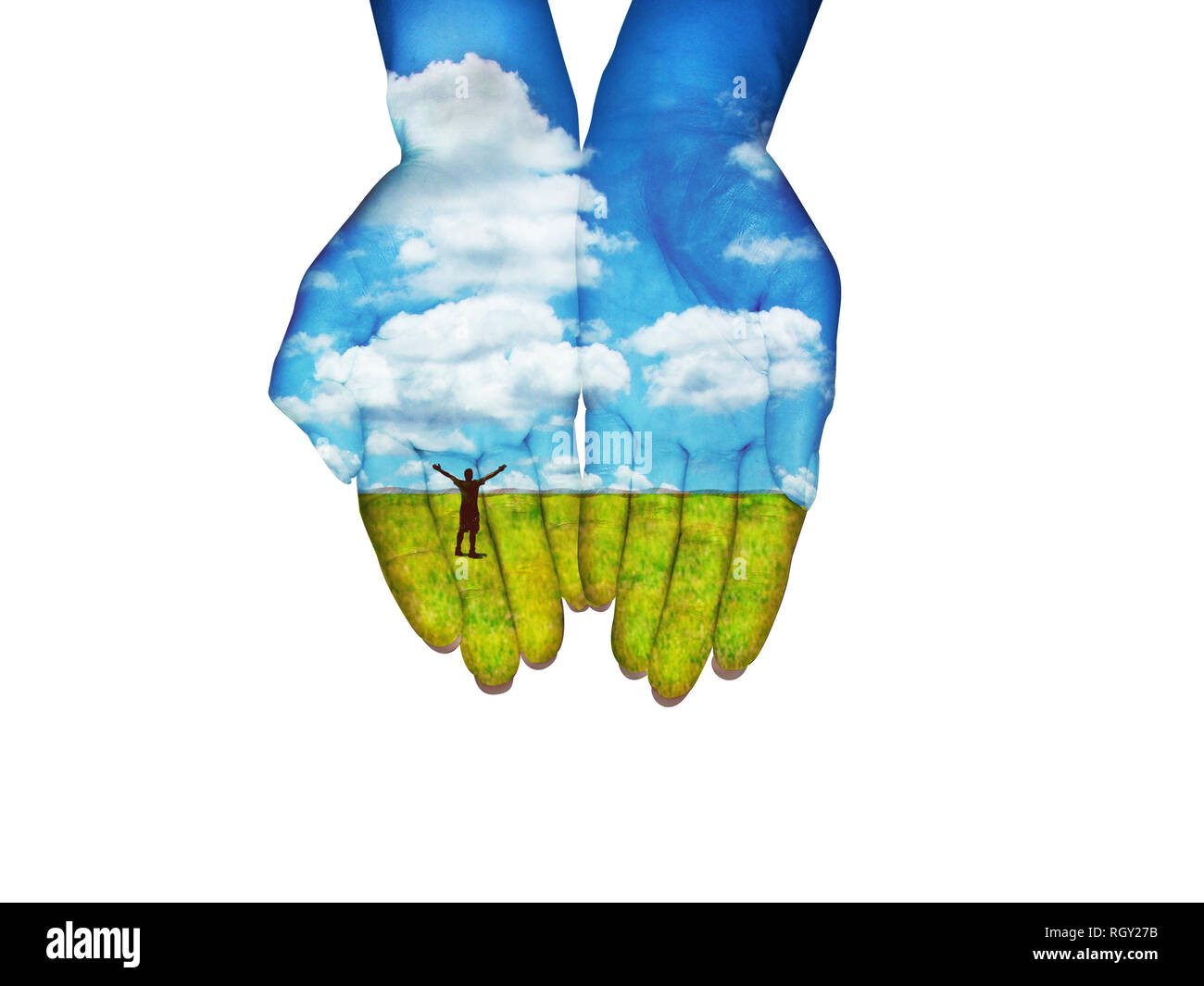 Menschliche Hände mit Landschaft überlagert Stockfoto