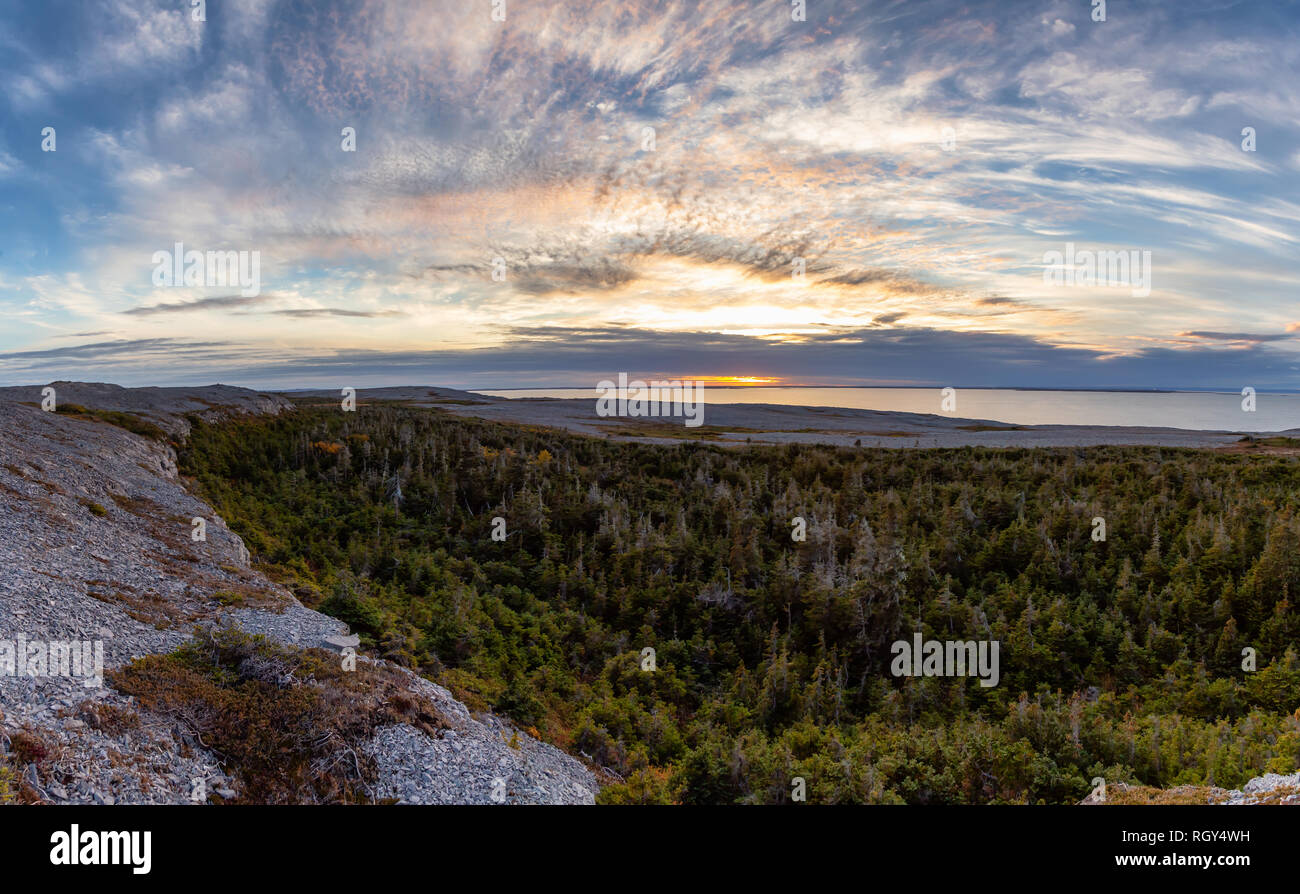 Malerische kanadischen Landschaft Blick auf den Atlantik Küste während einem bewölkten Sonnenuntergang. In verbrannter Kap Ecological Reserve, Raleigh, Neufundland, Cana genommen Stockfoto