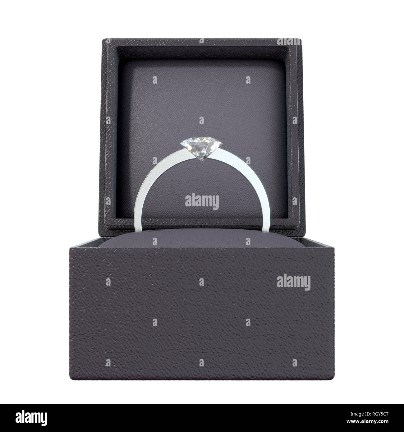 Eine offene würfelförmigen Schwarzen ring Box mit einem Silver  Verlobungsring und großen geschliffenen Diamanten auf einem isolierten  weißen Hintergrund - 3D-Rendering Stockfotografie - Alamy