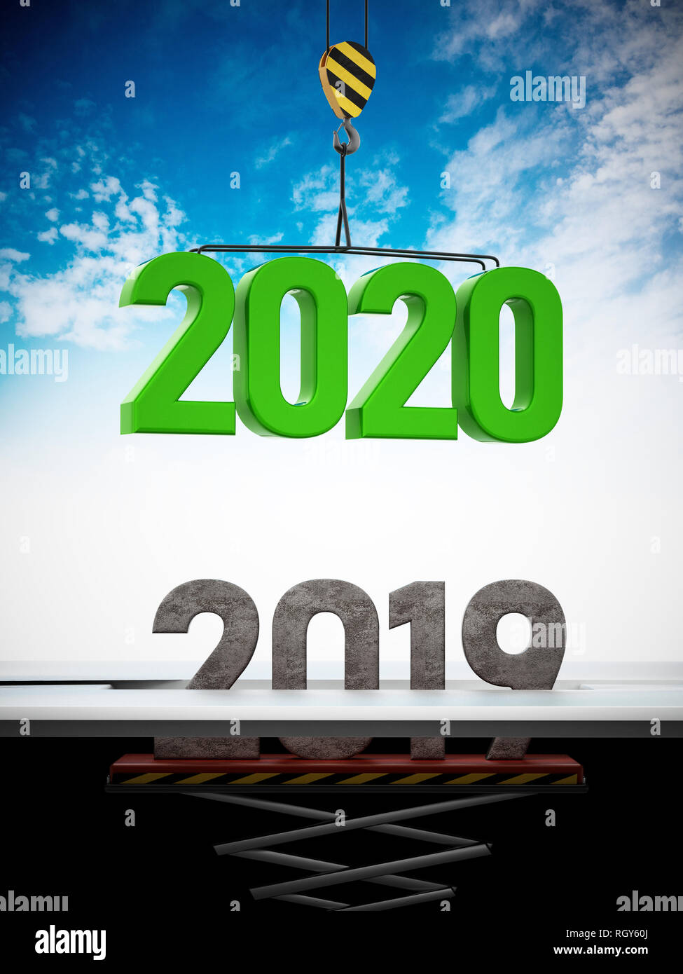 2020 Anzahl von Kran ersetzt 2019. 3D-Darstellung. Stockfoto